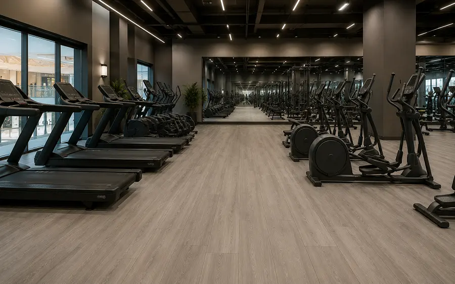 Class 34 SPC vinyl flooring in an Abu Dhabi commercial gym cardio zone at Yas Mall