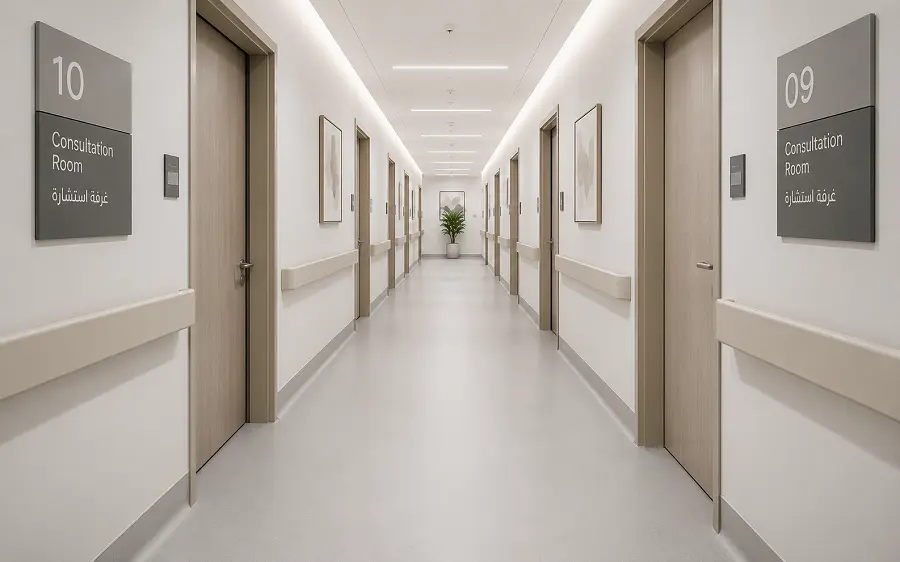 Heat-welded vinyl sheet flooring in an Abu Dhabi DOH-regulated clinic with antimicrobial wear layer