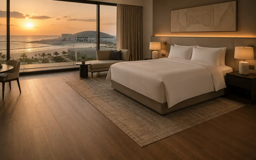Premium LVT vinyl flooring in a Saadiyat Island Abu Dhabi cultural hotel guest room