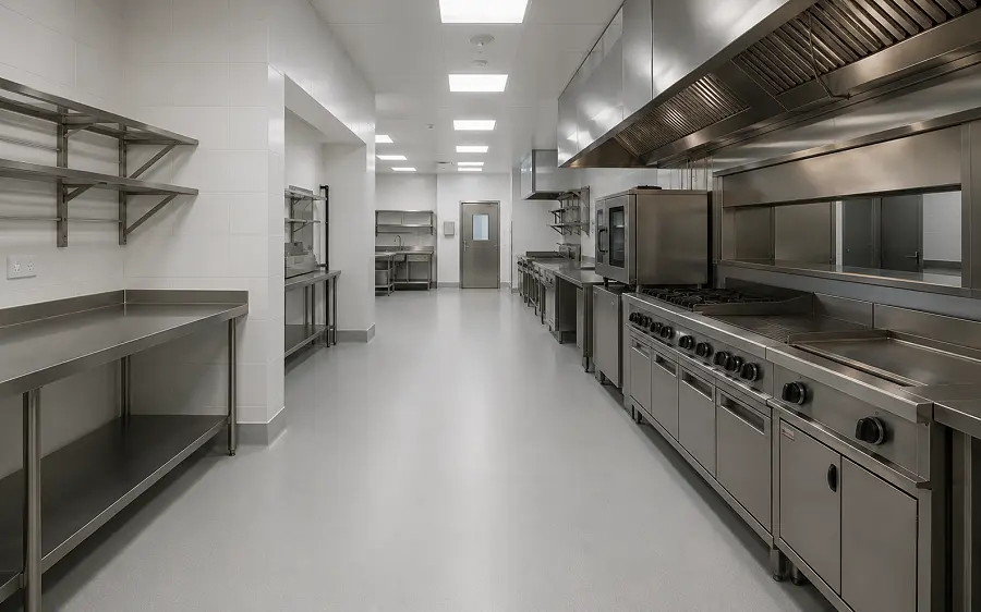 Heat-welded vinyl sheet flooring in a Yas Mall Abu Dhabi restaurant BOH kitchen meeting DMT food safety compliance