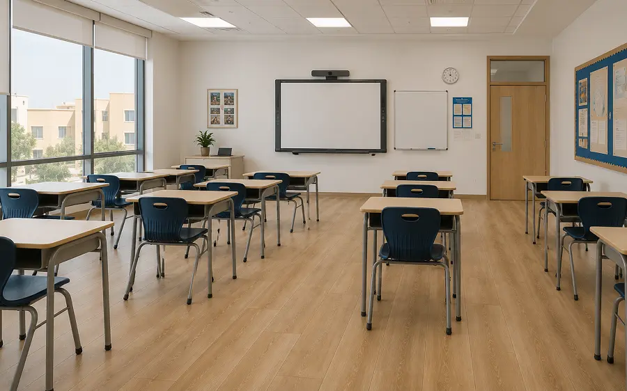 LVT vinyl flooring with acoustic underlay in an Abu Dhabi ADEK-regulated private school classroom
