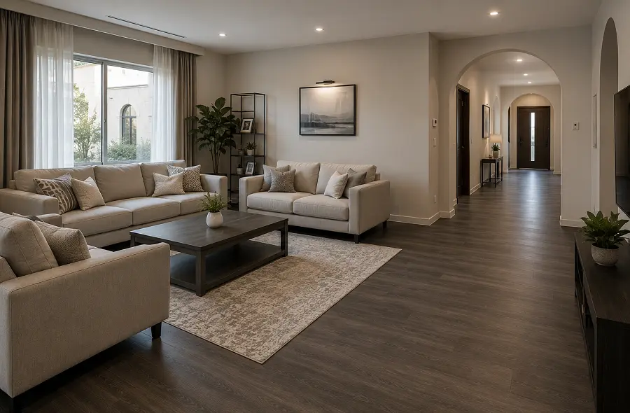 SPC vinyl flooring in an Abu Dhabi family villa high-traffic family room and corridor
