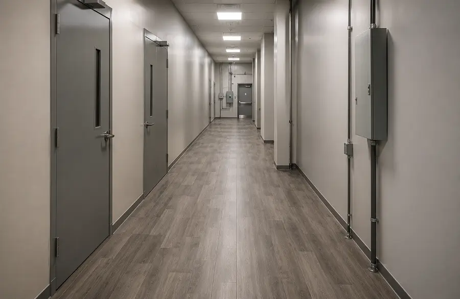 Vinyl plank flooring in an Abu Dhabi Mussafah commercial back-of-house service corridor