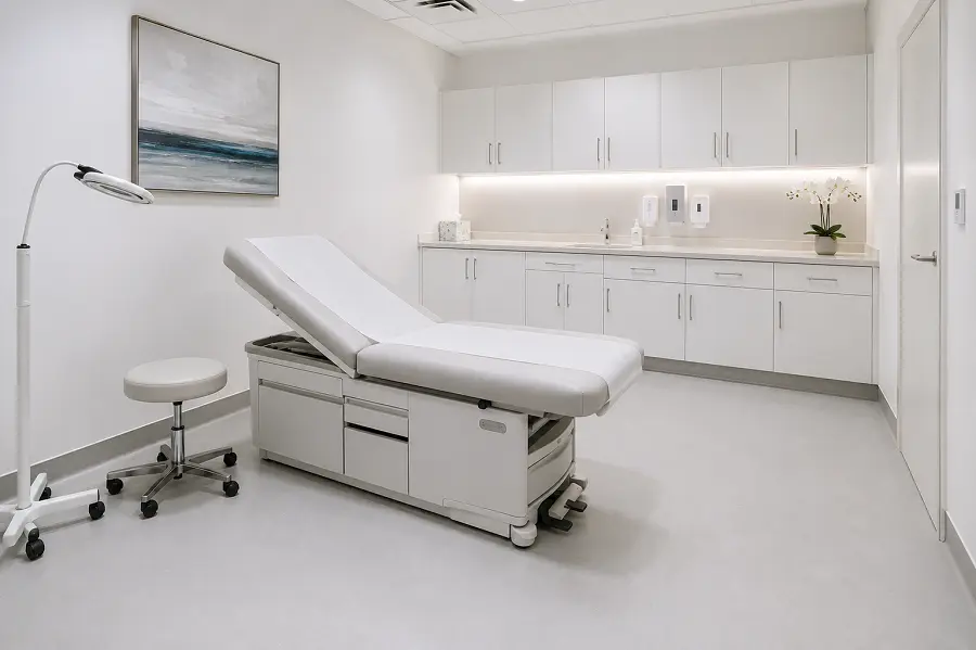 Heat-welded vinyl sheet flooring in an Abu Dhabi DOH-regulated clinic with antimicrobial wear layer
