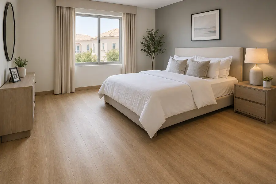 WPC vinyl flooring with soft-comfort core in an Abu Dhabi Al Reef villa bedroom