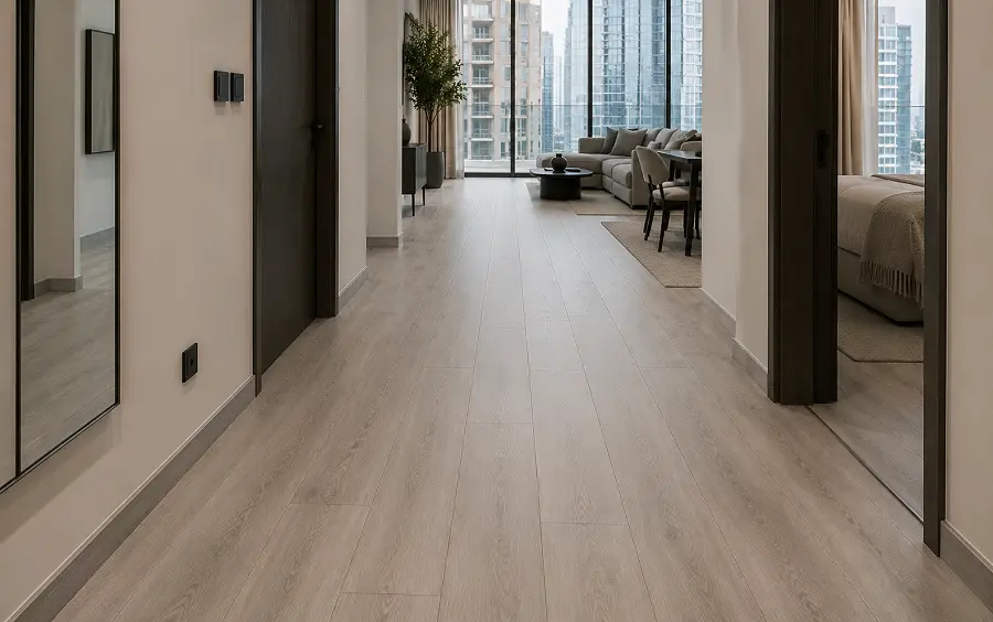 Acoustic SPC vinyl flooring with attached IXPE underlay for rigid floor noise control in UAE