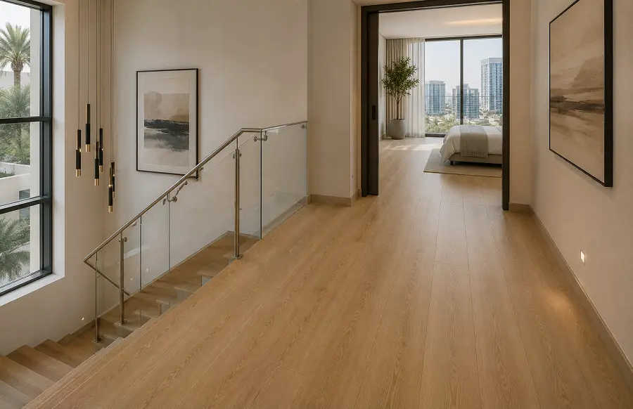Acoustic wood-look vinyl plank flooring following WPC and SPC cores in a UAE home