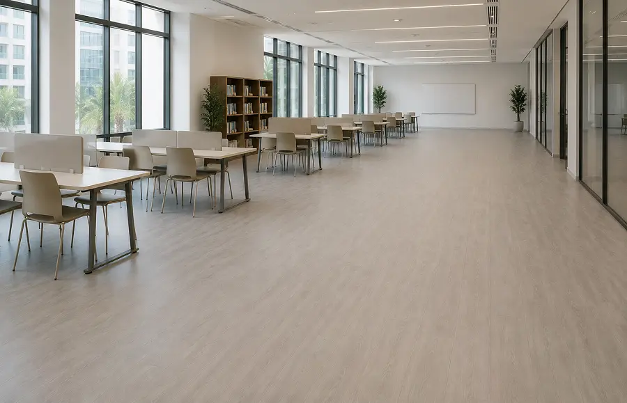 Acoustic vinyl sheet flooring with acoustic backing in a UAE office or school open area