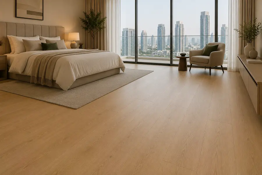 Acoustic WPC vinyl flooring with sound-dampening foam core in a UAE apartment