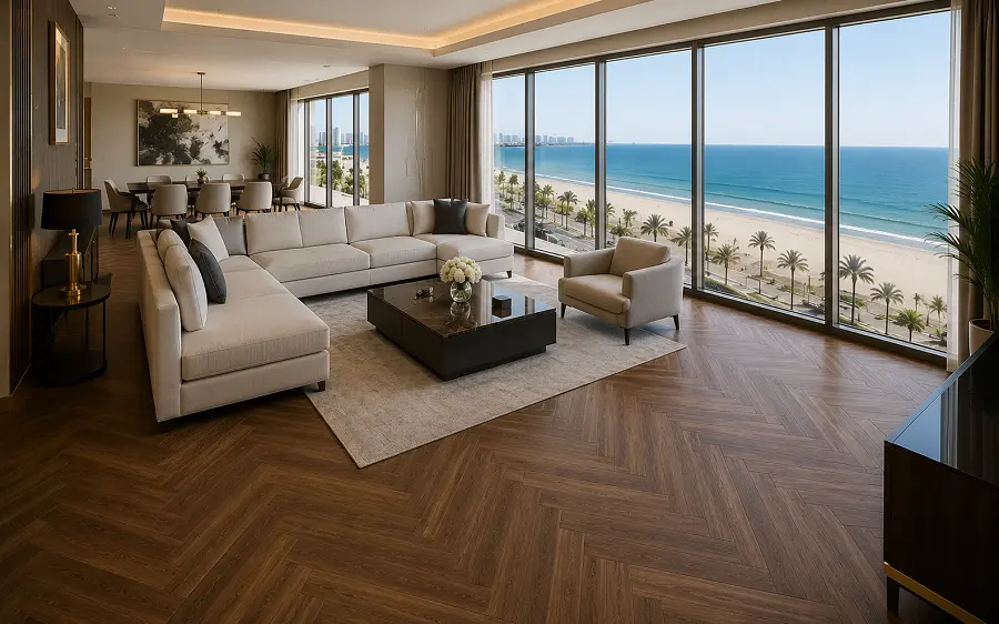 LVT vinyl flooring installation in an Ajman Corniche beachfront hotel guest room
