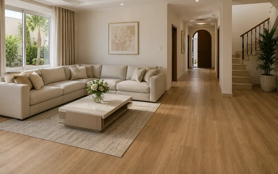 SPC vinyl flooring in an Al Nuaimiya Ajman family villa high-traffic family room