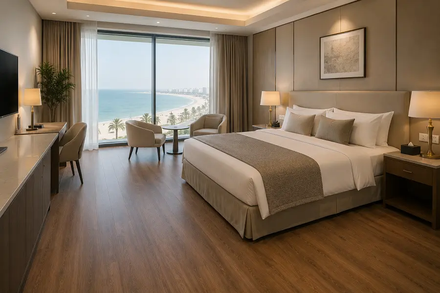 Vinyl flooring installation in an Ajman residential or hospitality property