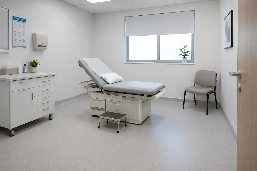 Heat-welded vinyl sheet flooring in a Sheikh Khalifa Medical City Ajman AHA-regulated clinic
