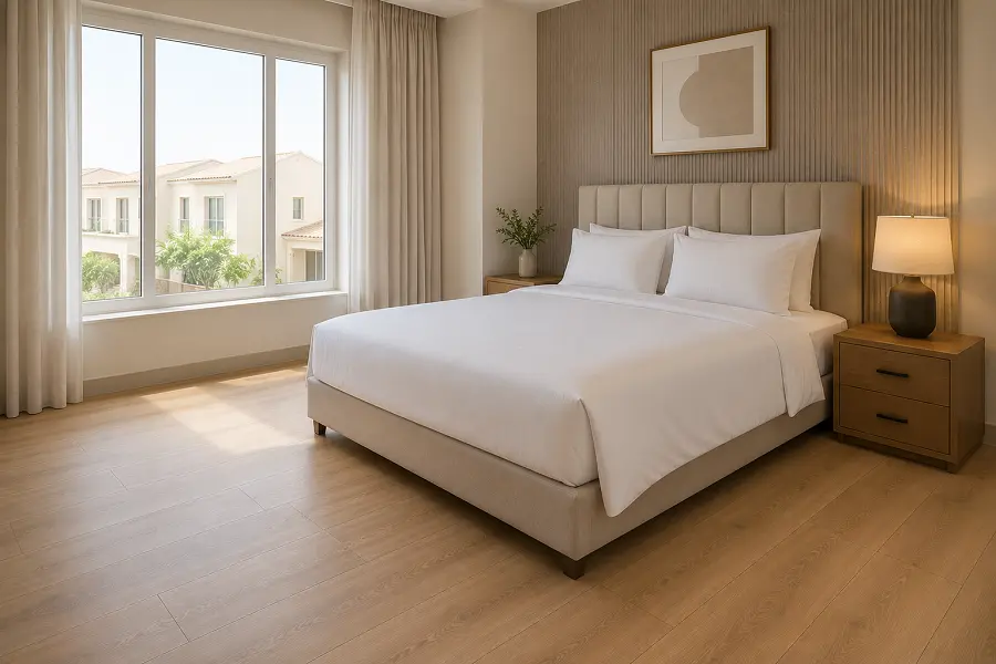 WPC vinyl flooring with soft-comfort core in an Al Jurf Ajman villa bedroom