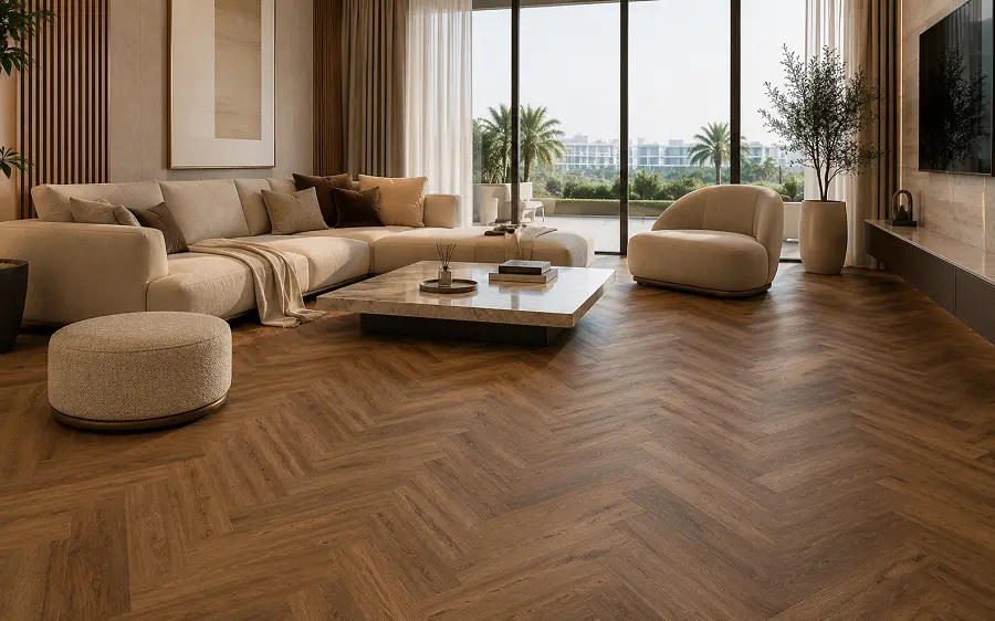 R10 anti-slip LVT premium vinyl tile in a UAE living room with realistic wood-grain texture