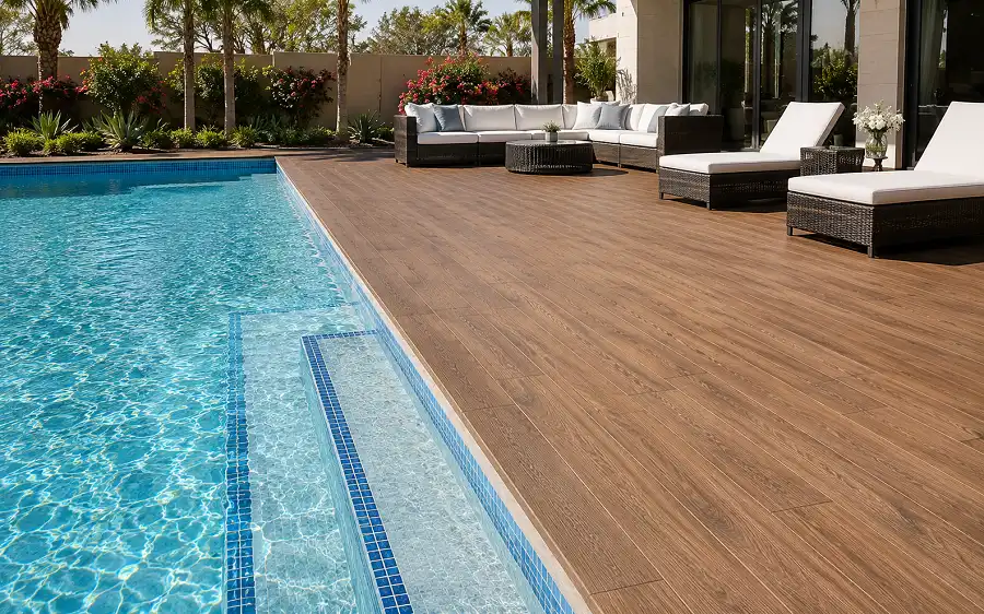 R11 anti-slip outdoor-grade WPC vinyl in a UAE pool deck