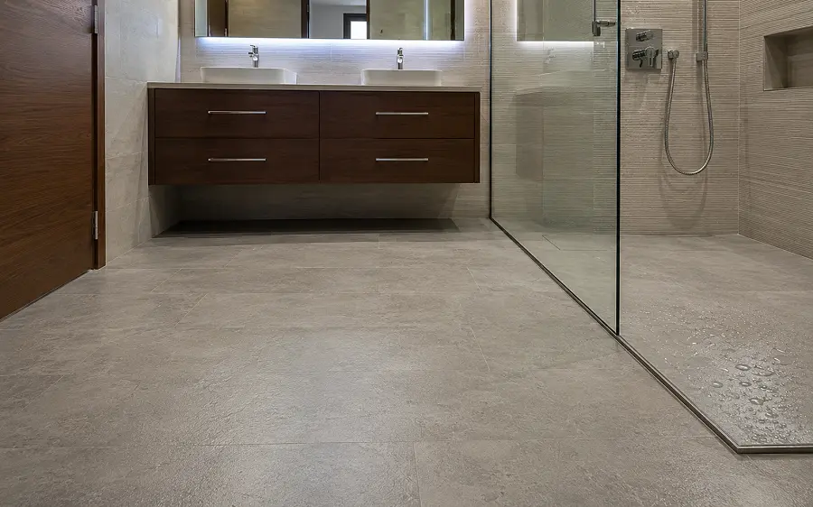R10 anti-slip SPC vinyl flooring installation in a UAE villa bathroom