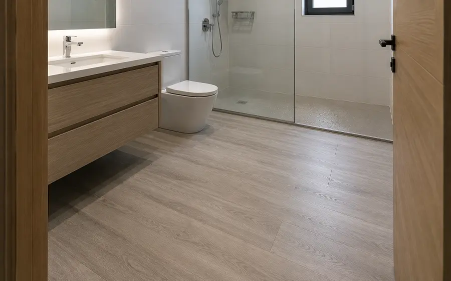 Anti-slip SPC vinyl flooring in a UAE residential bathroom with R10 textured wear layer