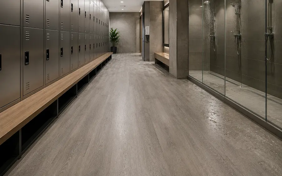 R11 anti-slip vinyl flooring in a UAE gym wet zone with locker room and shower area