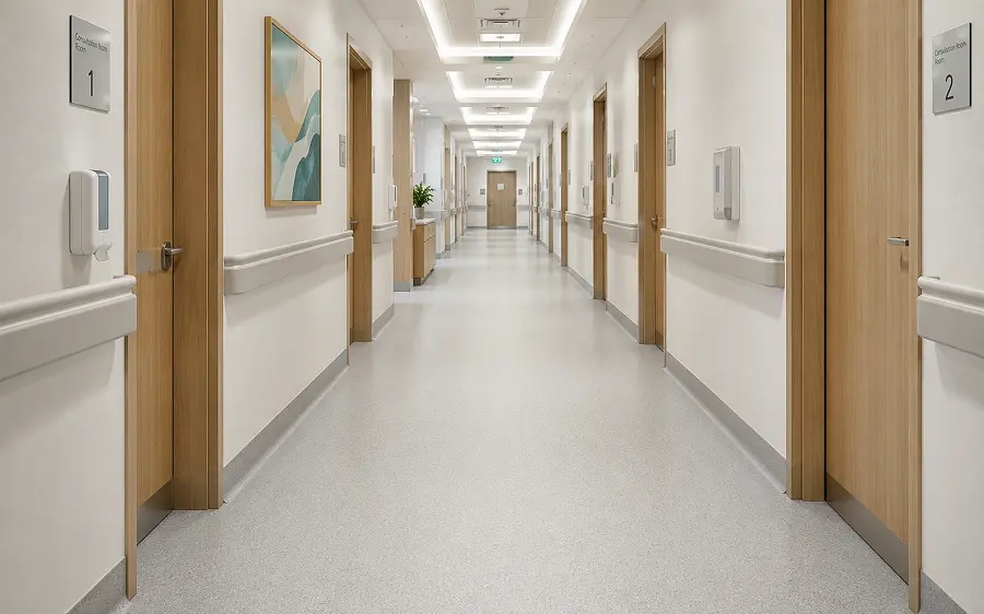 R11 anti-slip heat-welded vinyl sheet in a UAE healthcare clinical zone