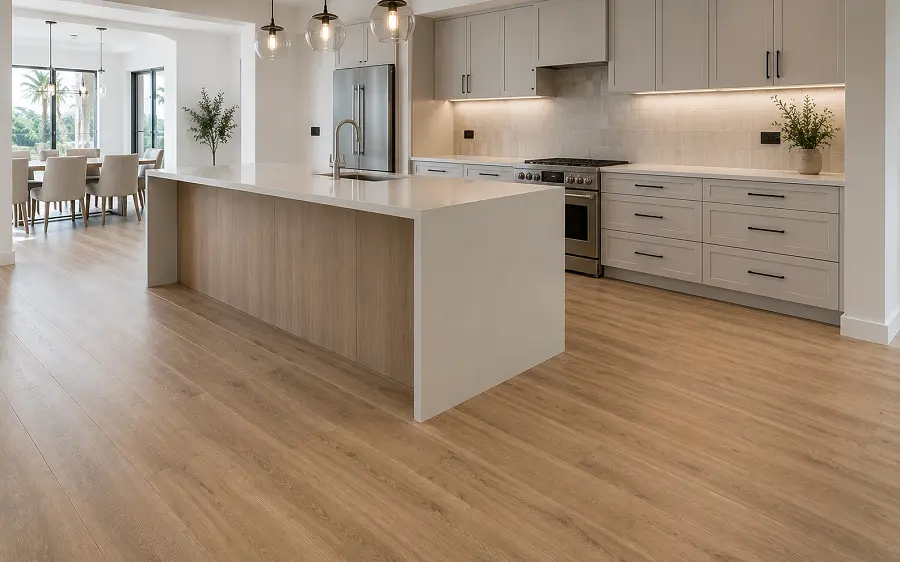 Anti-slip SPC vinyl flooring in a UAE residential kitchen with R10 slip rating