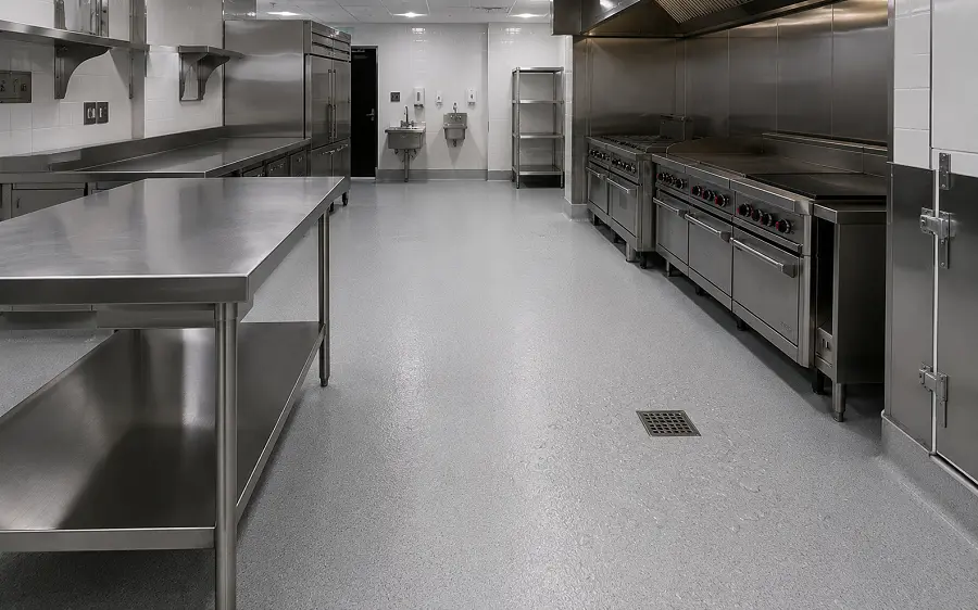 R11 anti-slip heat-welded vinyl sheet in a UAE restaurant commercial kitchen