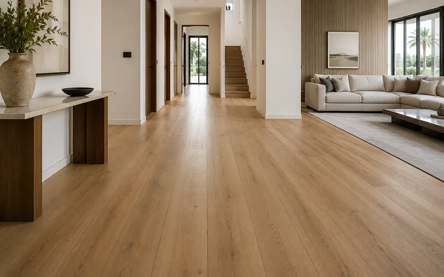 Anti-slip wood-look vinyl plank flooring across SPC LVT WPC cores in a UAE villa
