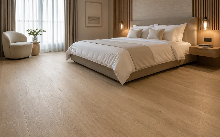 R10 anti-slip WPC vinyl flooring with cushioned indoor comfort in a UAE bedroom