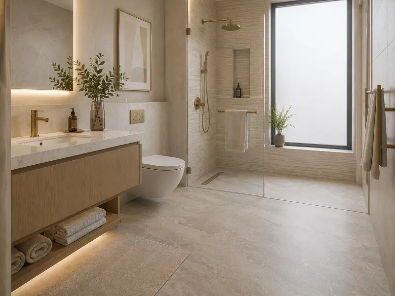 Waterproof SPC vinyl flooring in a Dubai apartment bathroom and laundry