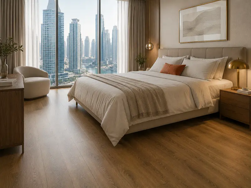 Master bedroom with luxury vinyl plank flooring in a Dubai apartment