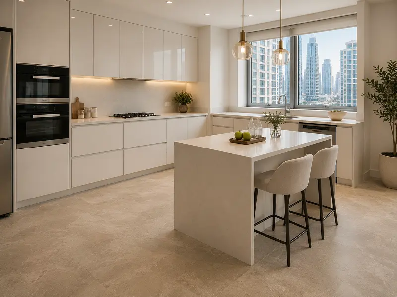 Open-plan apartment kitchen with waterproof SPC vinyl flooring