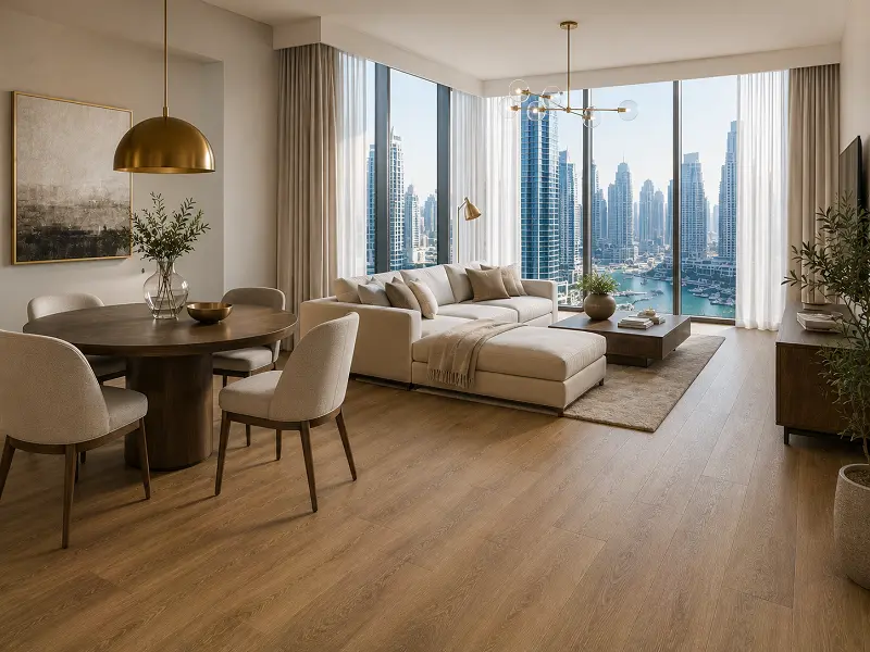 Continuous vinyl flooring across open-plan apartment living and dining