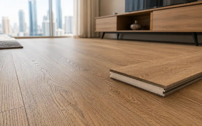 WPC wood polymer composite vinyl flooring for noise-sensitive apartment family room