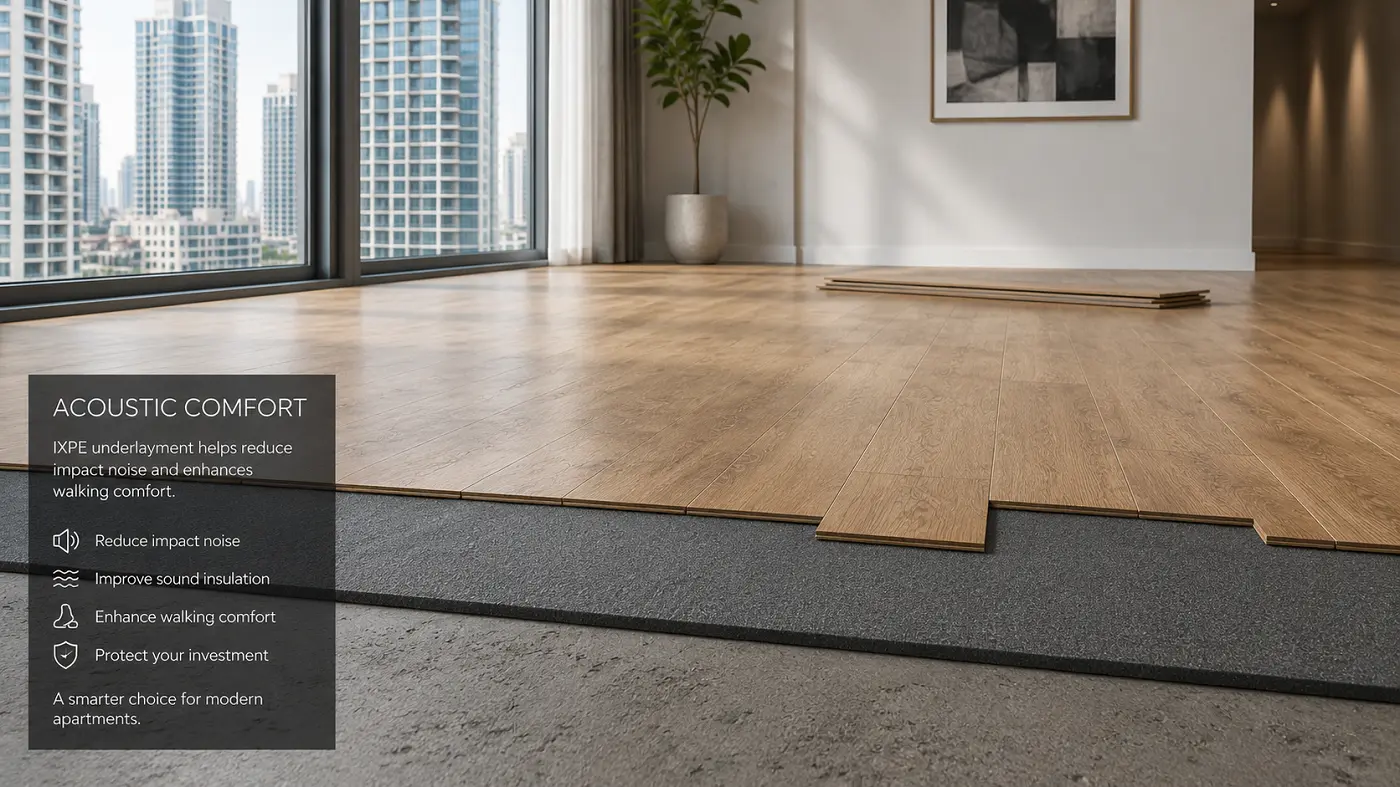 Apartment vinyl flooring impact sound reduction with IXPE underlayment