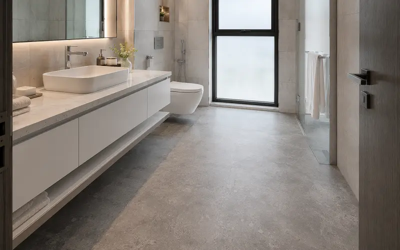 SPC vinyl flooring in a Dubai bathroom with R10 slip rating and through-body waterproof stone-polymer core