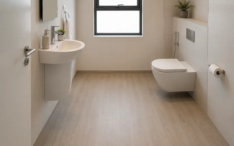 Vinyl sheet flooring in a UAE apartment bathroom with seamless heat-welded surface and no joints
