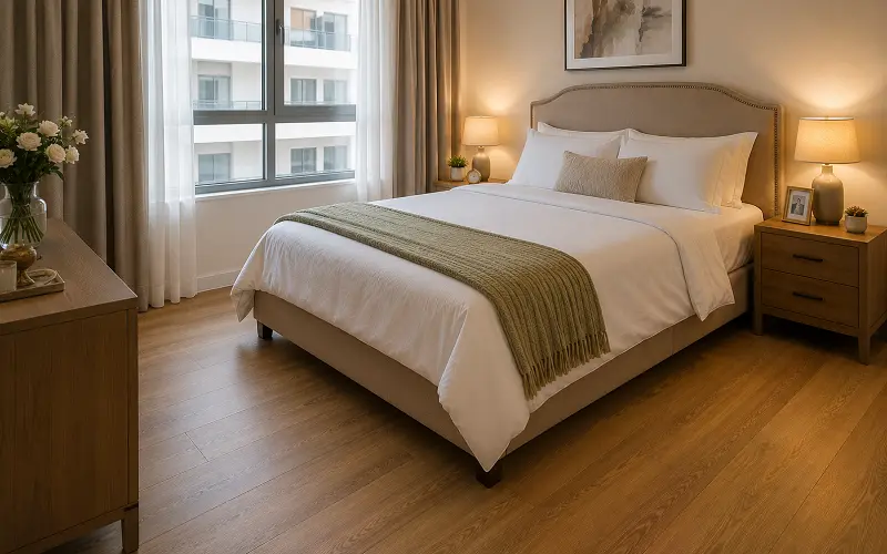 LVT mid-grade vinyl flooring in a Dubai apartment guest bedroom