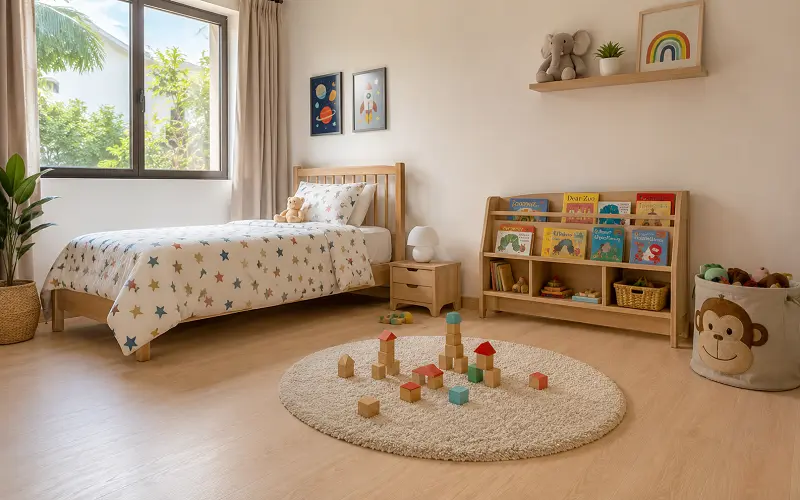 Soft low-VOC LVT vinyl flooring in a Dubai children's bedroom with floor play space