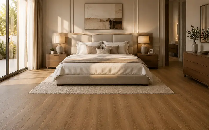 Wide-plank LVT vinyl flooring in a Dubai master bedroom with premium wood-look finish