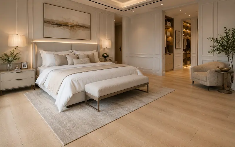 Premium wide-plank LVT vinyl flooring in a UAE villa master bedroom with bevelled edges