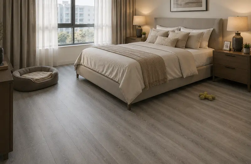 Durable SPC vinyl flooring in a Dubai bedroom with pet bed and scratch-resistant surface