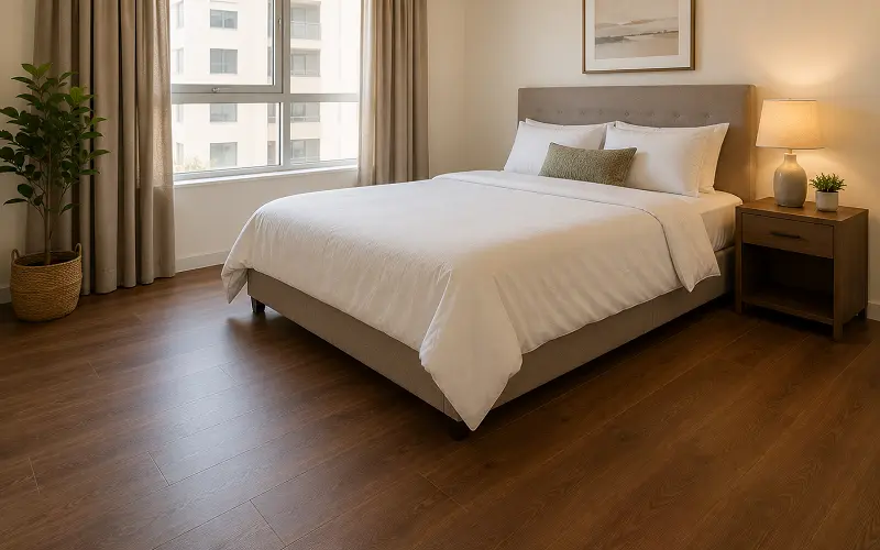 Budget vinyl plank flooring refresh in an Abu Dhabi guest bedroom