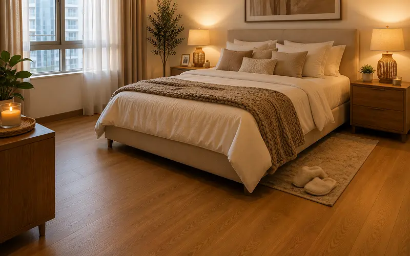 Cushioned WPC vinyl flooring in a UAE apartment bedroom with foamed core comfort
