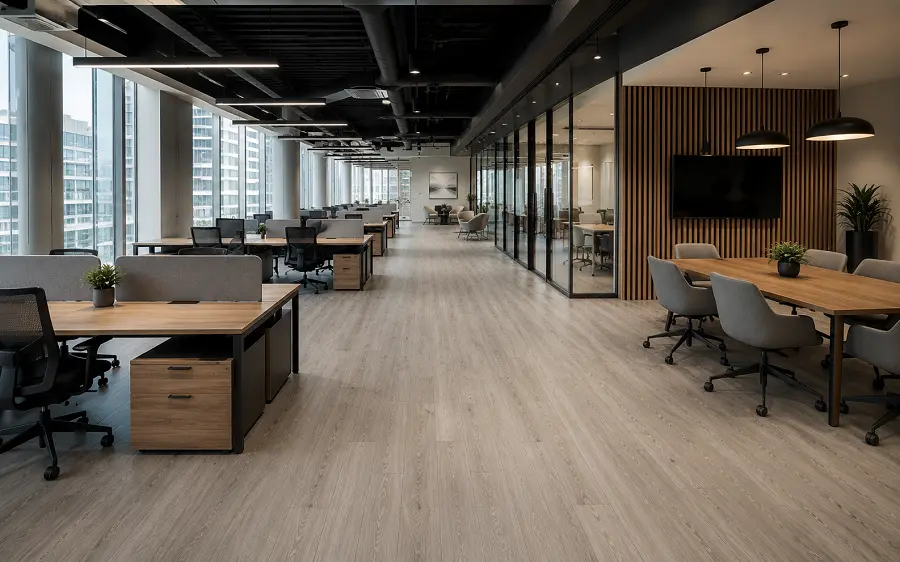 Commercial office vinyl flooring in a UAE open-plan workspace