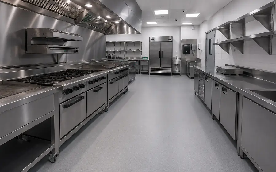 Commercial restaurant vinyl flooring in a UAE F and B kitchen