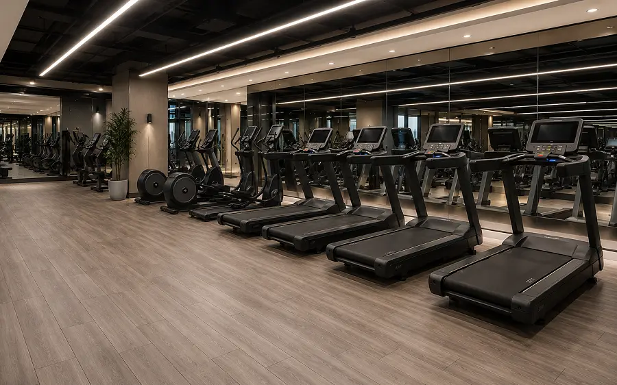 Class 34 SPC vinyl flooring in a Dubai commercial gym cardio zone