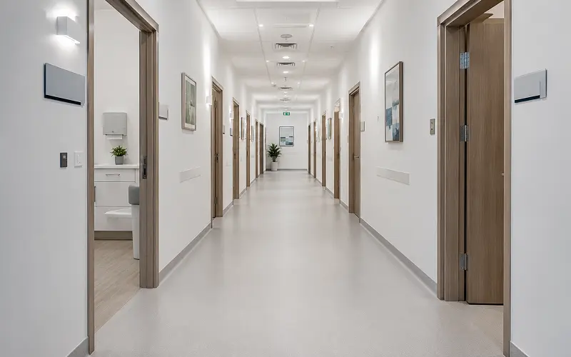 Heat-welded vinyl sheet flooring in a Dubai Healthcare City DHA-regulated clinic