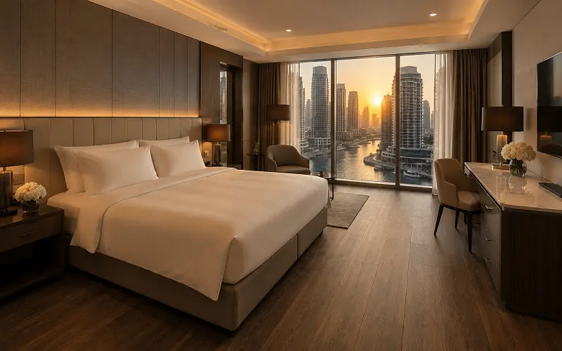 Premium LVT vinyl flooring in a Dubai Marina 5-star hotel guest room