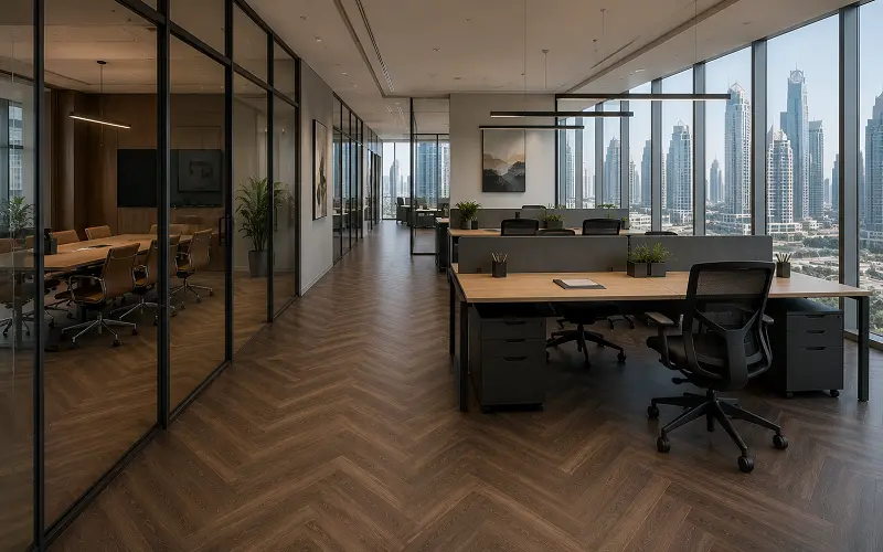 LVT vinyl flooring installation in a Dubai DIFC commercial office
