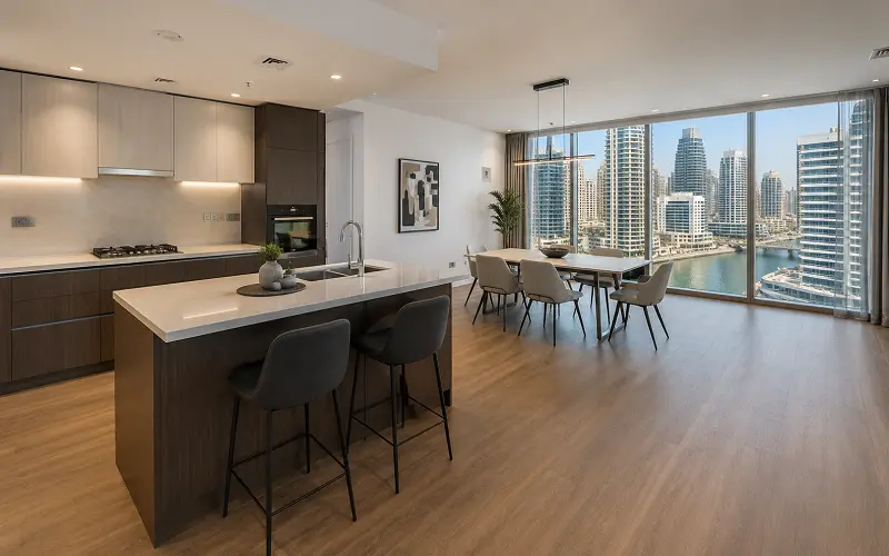 Vinyl flooring installation in a Dubai Marina high-rise apartment